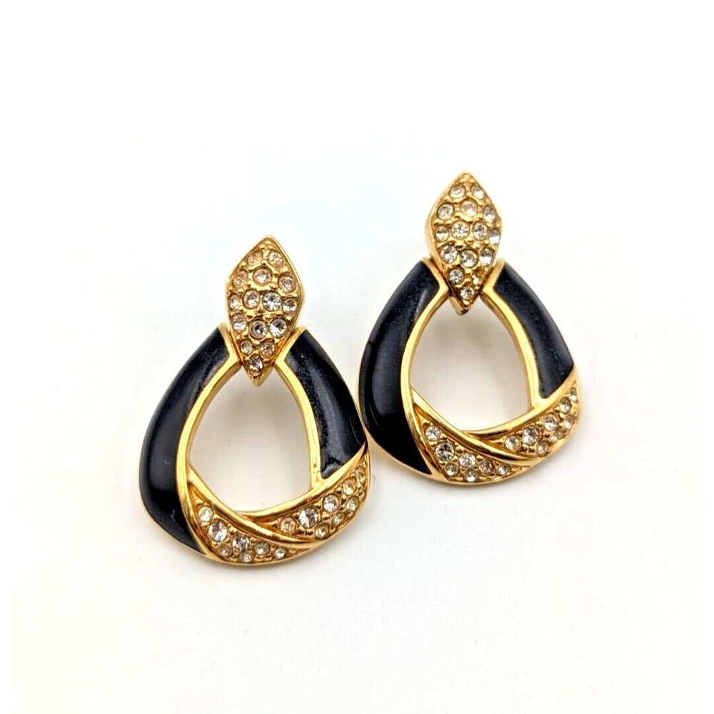 Vintage Swarovski S.A.L Gold Tone Black Enamel Rhinestone Dangle Earrings